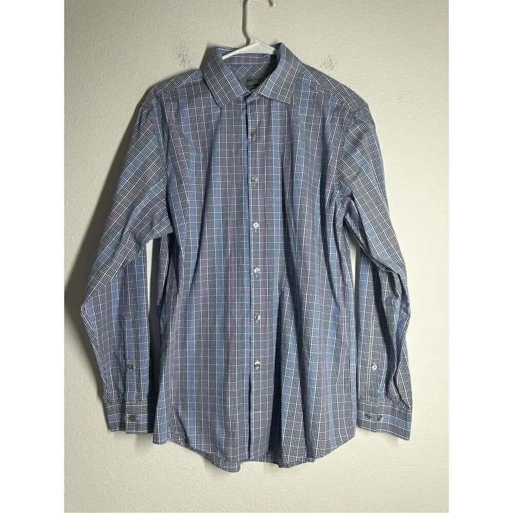 Kenneth Cole Reaction Shirt Mens Size 15,5 32-33 Plaid Dress Slim Fit Dry-Tek
